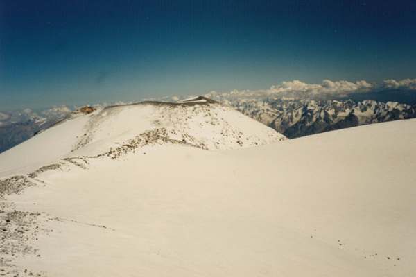 A view of the eastern peak of Mt Elbrus from the western summit